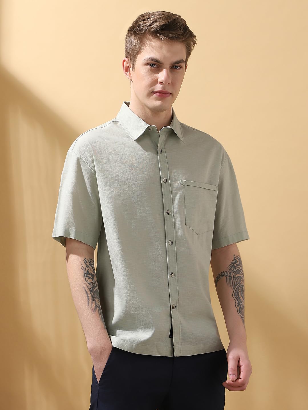 Dennis Lingo Men Relaxed Fit Beige Half Sleeves Pure Cotton Casual Shirt.