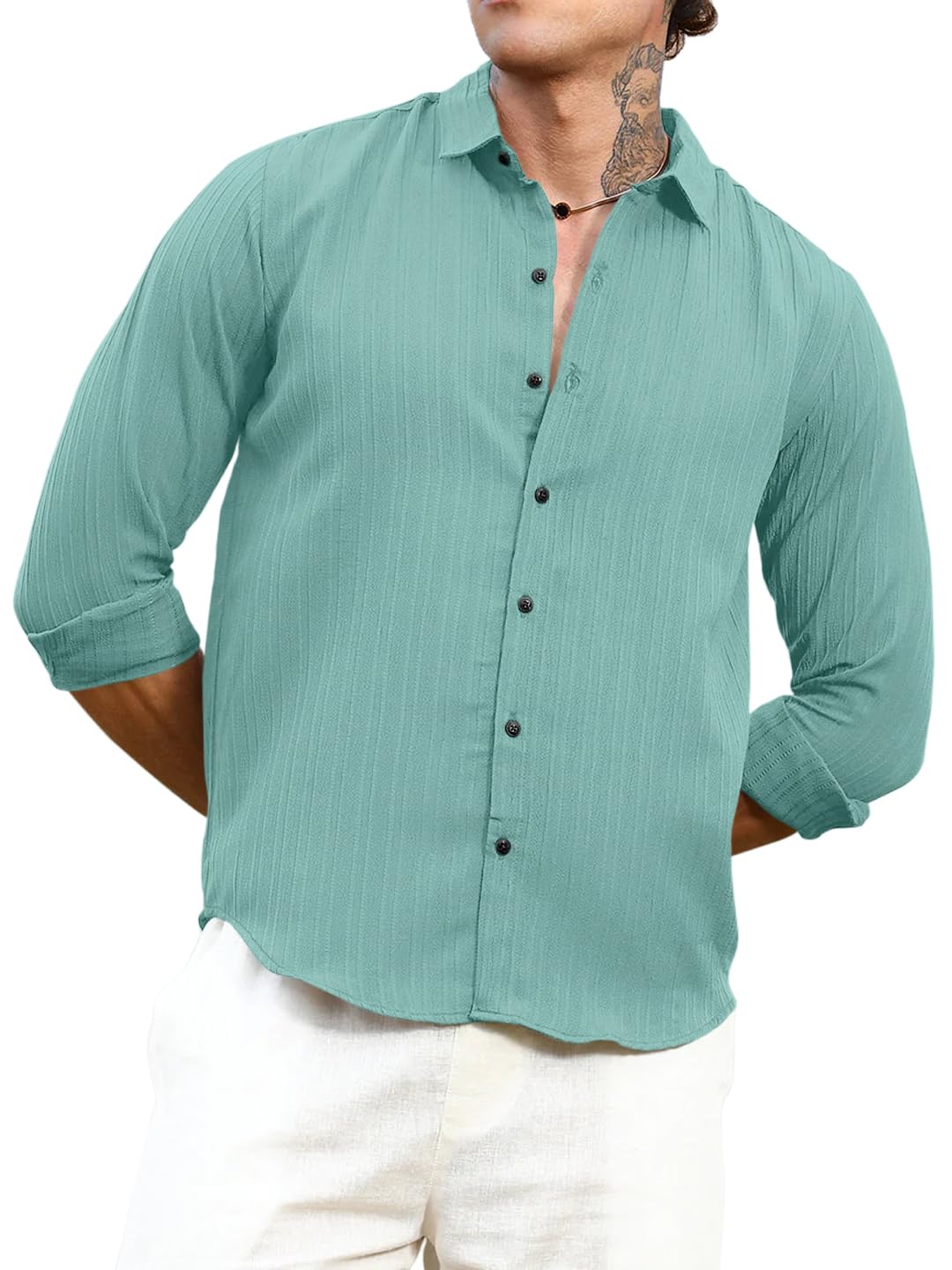 Finivo Fashion MenS Striped Cotton Casual Button Down Shirts Long Sleeve Textured Summer Beach Shirt For Men Turquoise