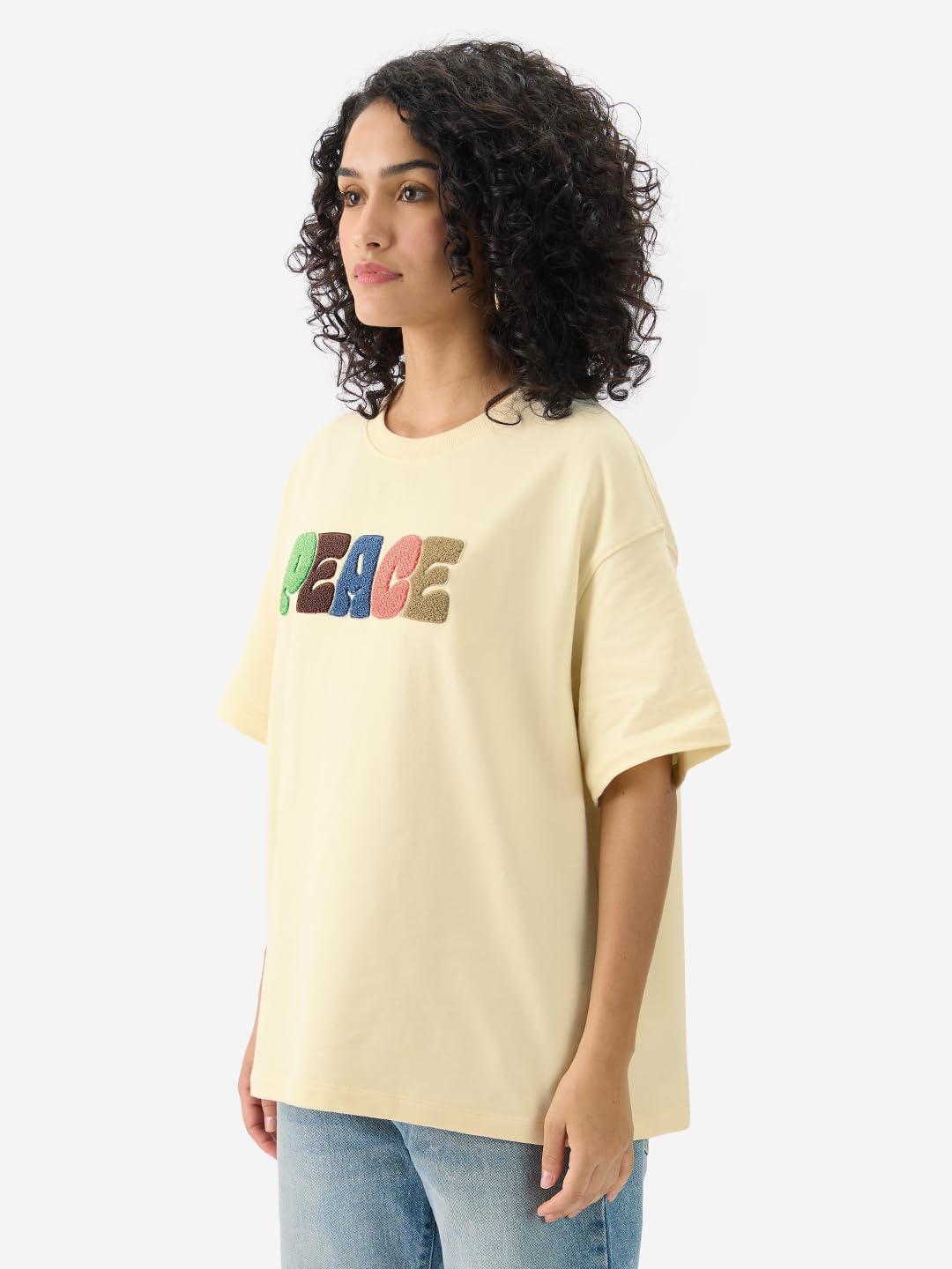 The Souled Store Peace Women and Girls Short Sleeve Round Neck Off White Towel Patch Embellished Cotton Oversized T-Shirts