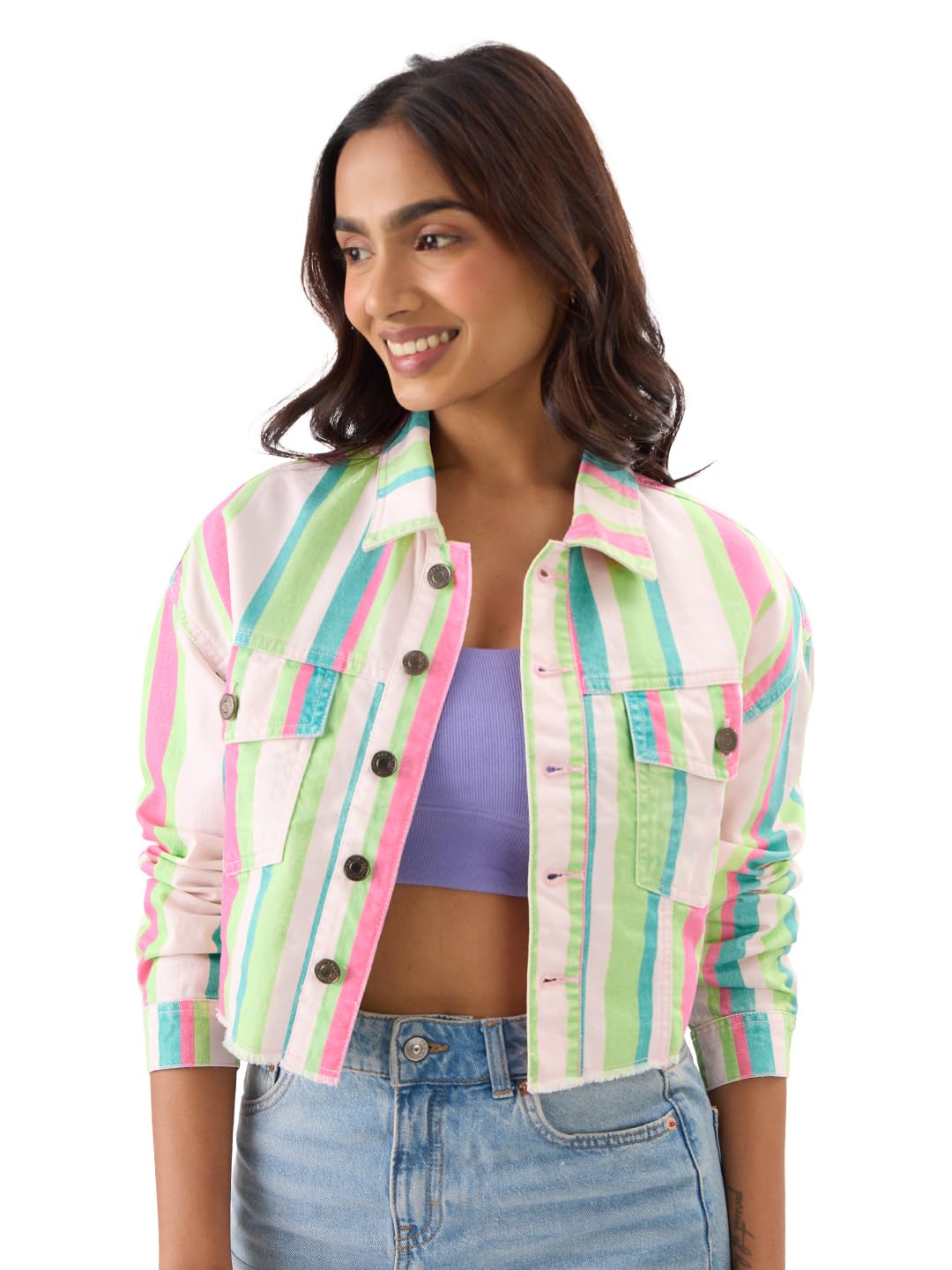 The Souled Store Originals: Blossom Stripes Women and Girls Long Sleeve Zipper Front Oversized Fit Cropped Jackets