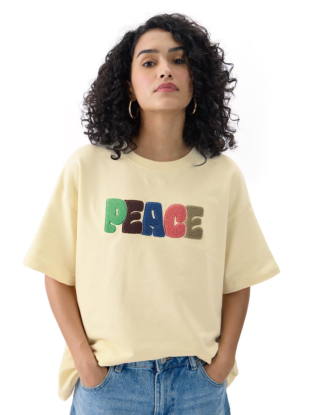 The Souled Store Peace Women and Girls Short Sleeve Round Neck Off White Towel Patch Embellished Cotton Oversized T-Shirts
