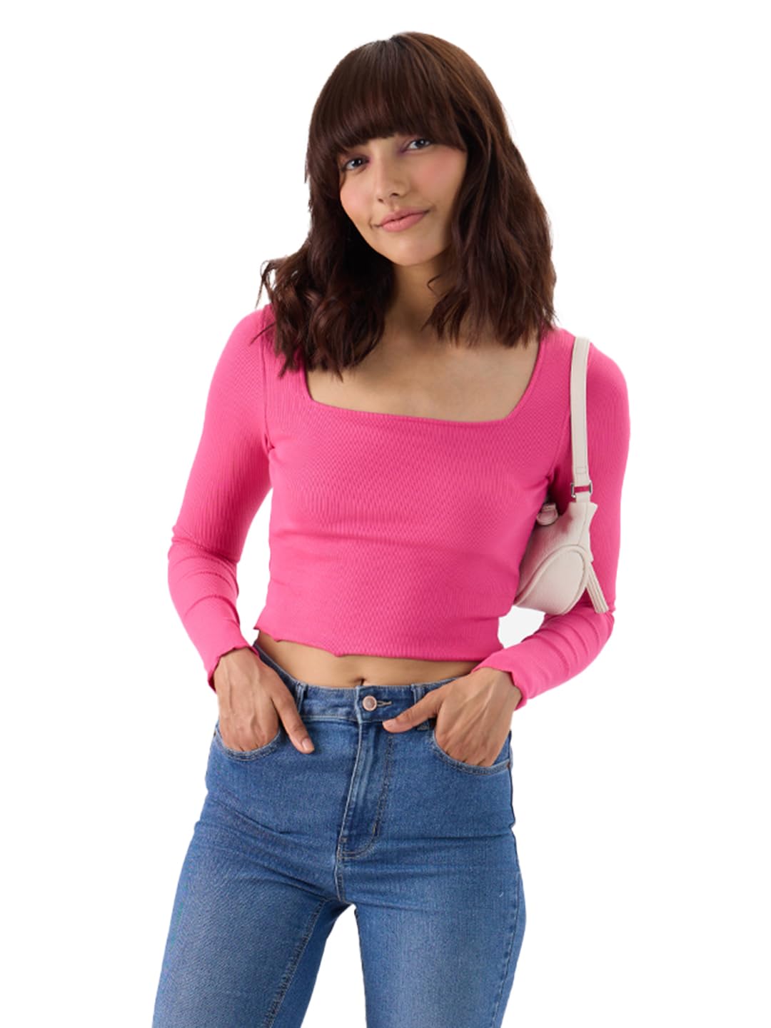 The Souled Store Hot-Pink Ribbed Top Women and Girls Square Neck Cotton Blend Full Sleeves Tops Womens T-Shirts Tops Tees Casua