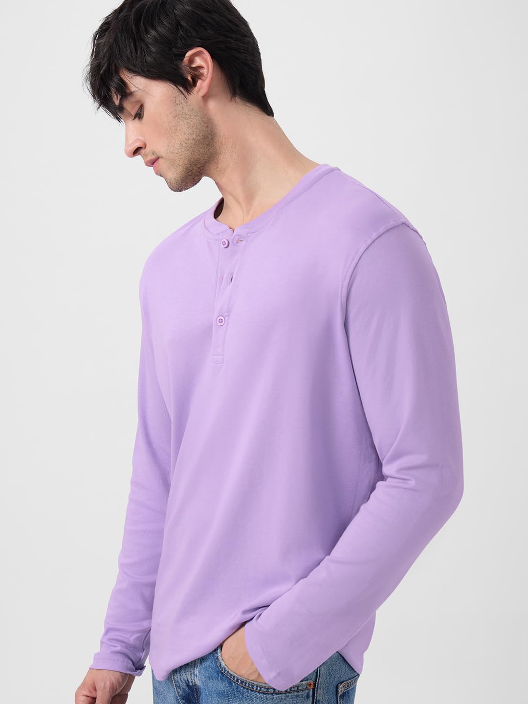 The Souled Store Solids: Light Lavender Long Sleeve Regular Fit Cotton Men and BoysSupima Full Sleeve Henley T-Shirts