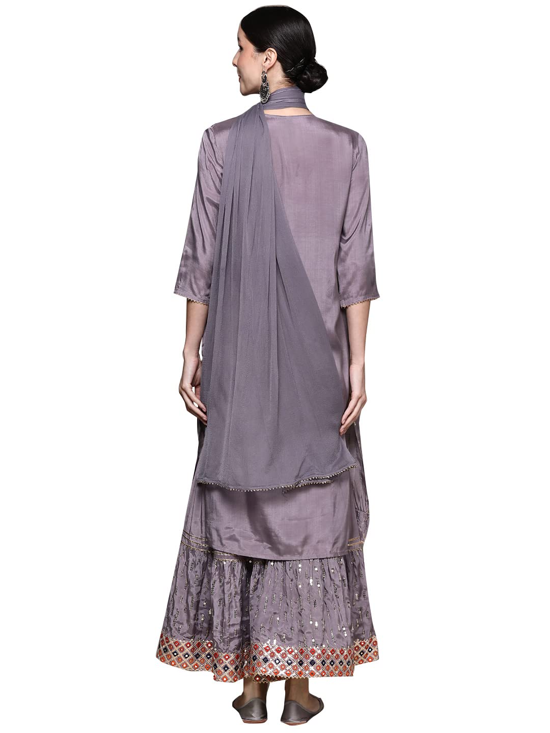 ishin Women's Mauve Embellished A-Line Kurta set With Sharara And Dupatta
