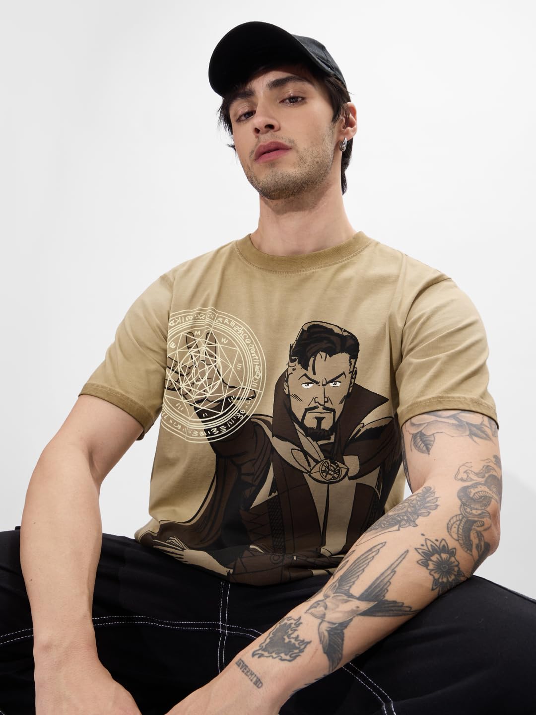 The Souled Store Doctor Strange: Mystic Arts Men and Boys Short Sleeves Round Neck Brown Graphic Printed Regular Fit Cotton T-Sh