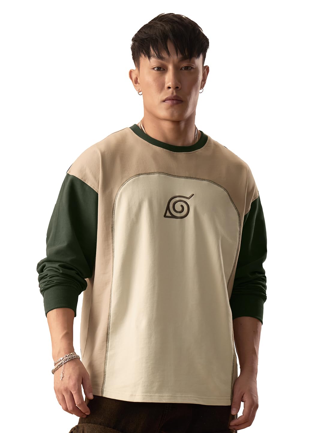 The Souled Store Naruto Shippuden: Konoha Leaf Men and Boys Round Neck Beige Colour Block Cotton Oversized Full Sleeve T-Shirts