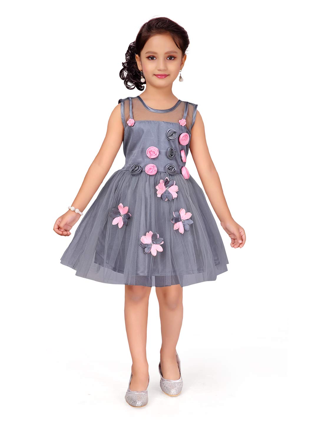 Aarika Girl's Fit And Flare Knee Length Dress Grey 2 Years-3 Years