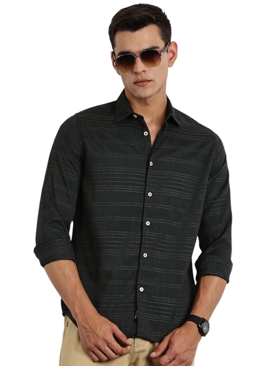 Thomas Scott Long Sleeve Embroderied Casual Shirt for Men Olive