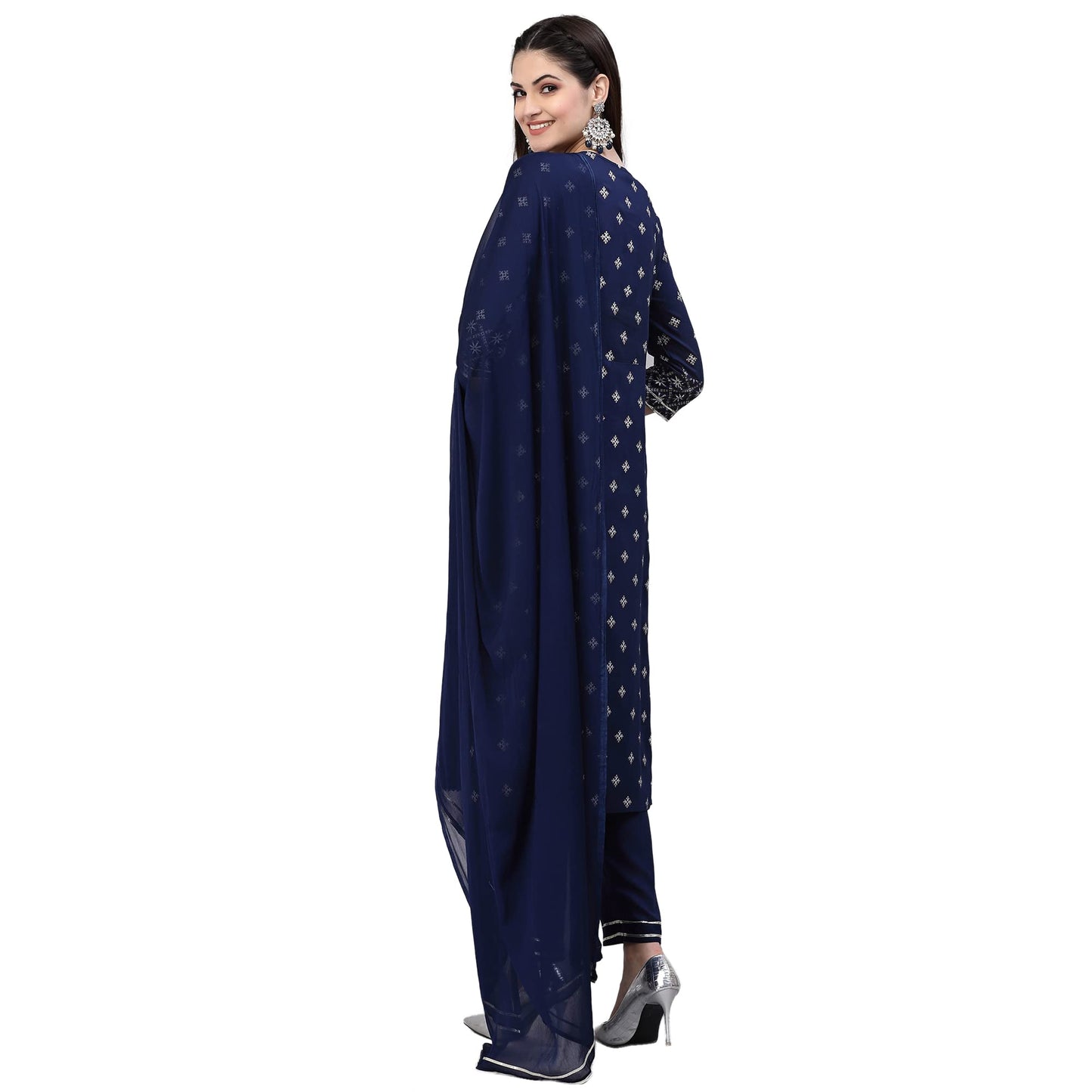 Stylum Women's Printed & Embroidered Rayon Straight Kurta Pant With Dupatta (Navy Blue)