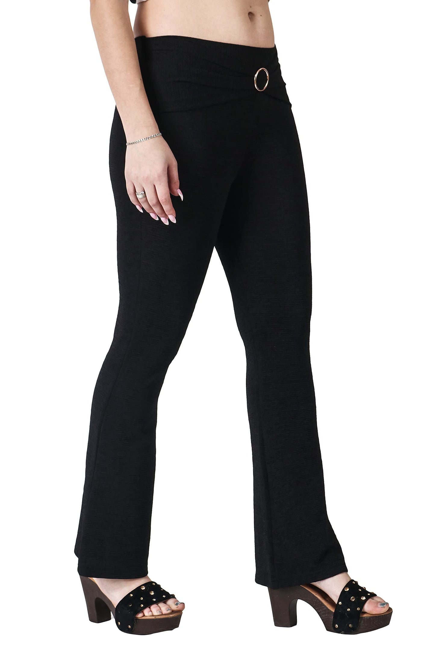 POPWINGS Solid Full-Length Polyester Regular-Fit Casual Bootcut Trouser Pants for Women for Casual Wear Black