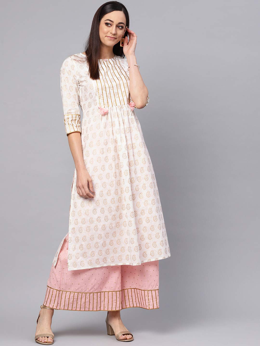 idaLia Women's Baby Pink and White Gold Printed Kurta Set with Palazzo Pant