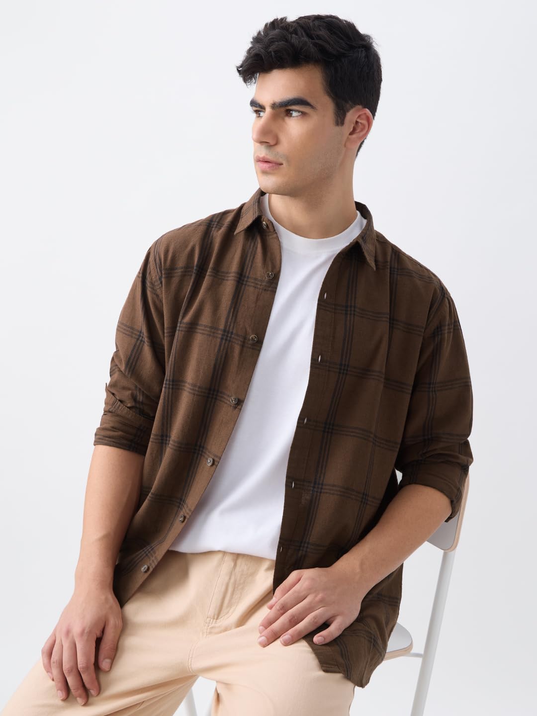The Souled Store Cotton Linen Checks: Desert Men and Boys Long Sleeve Collared Neck Button Front Regular Fit Cotton Linen Shirts
