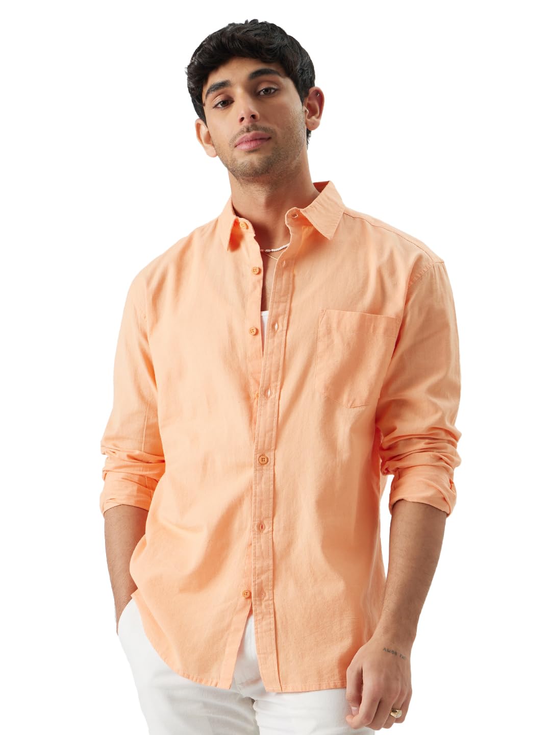 The Souled Store Linen: Peach Cotton Linen Shirts Shirts Casual Button-Down Half Sleeve Printed Graphic Short Sleeve Casual Work