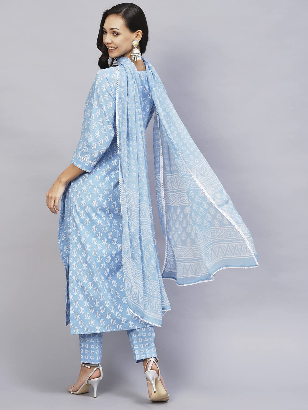 GoSriKi Women's Cotton Blend Straight Printed Kurta with Pant & Dupatta (Dooti Blue-GS)