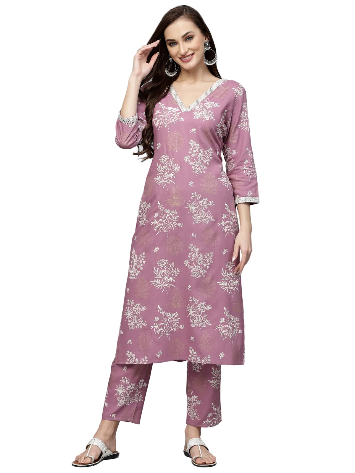 Stylum Women's Floral Printed Rayon Kurta Pant Set (Purple)