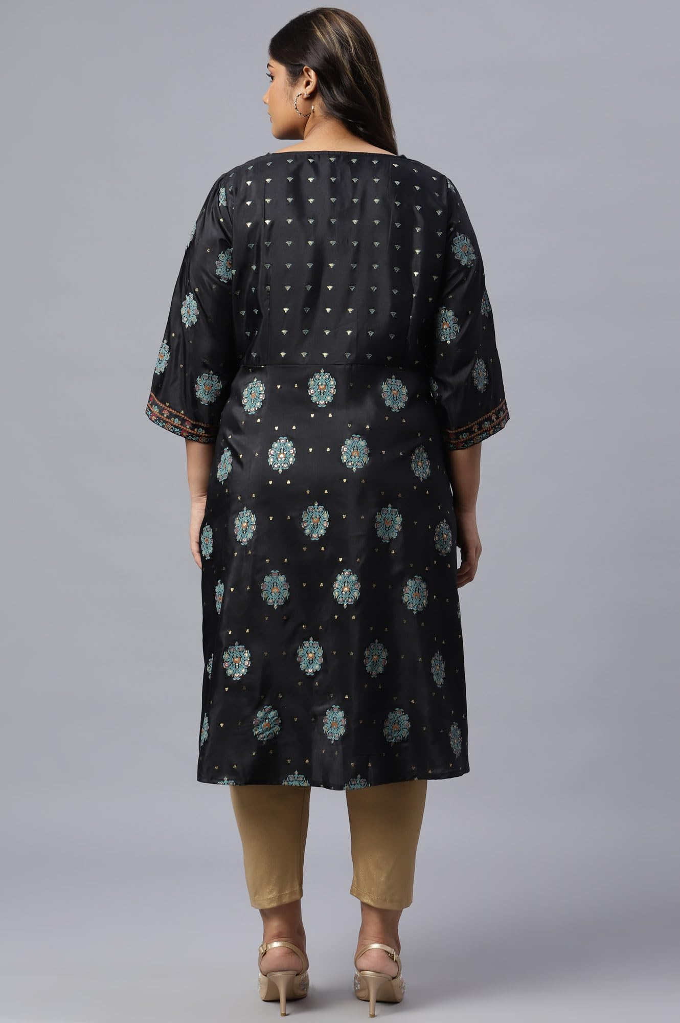 W for Woman Plus Size Jet Black Foil Printed Shantung Kurta