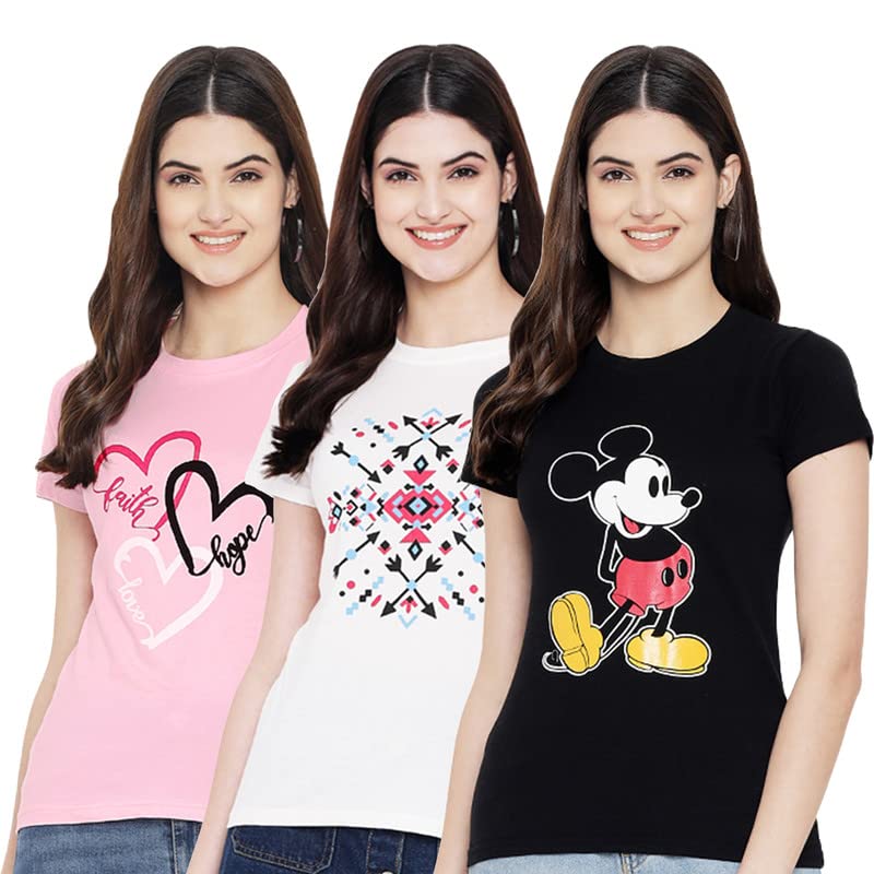 Preneum Womens Cotton Regular Fit Latest Graphic Stylish Printed Short Sleeves Casual T-Shirt || Trend & Style (Pack 3), Pink &