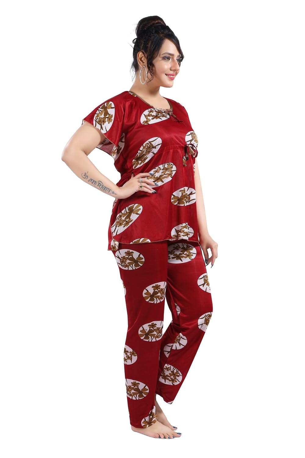 Fabme WomenS Satin Maroon Kaftan Top & Pyjama Set