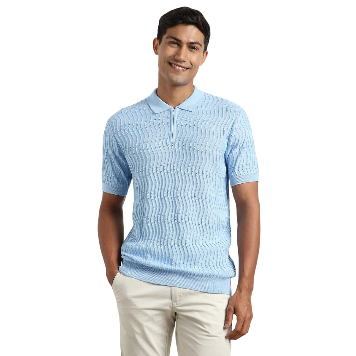 Nobero MenS Self Design Regular Fit Polo Shirt (1M-Twpo-R0016_Powder Blue