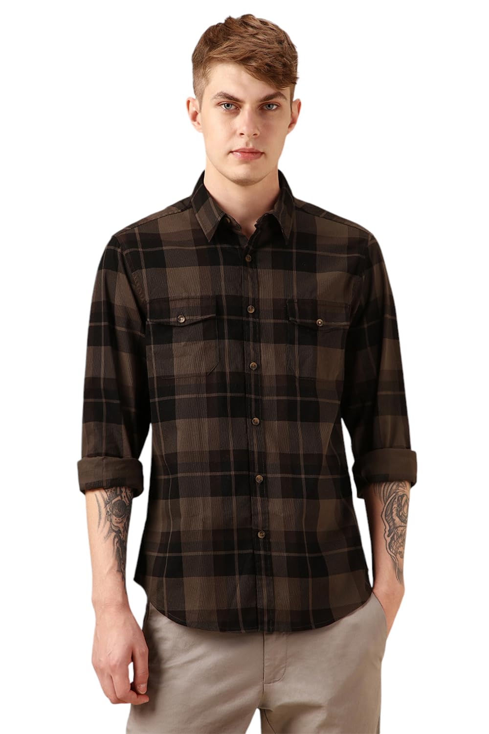 Dennis Lingo Men Brown 100% Cotton Full Sleeve Spread Collar Checks Shirts