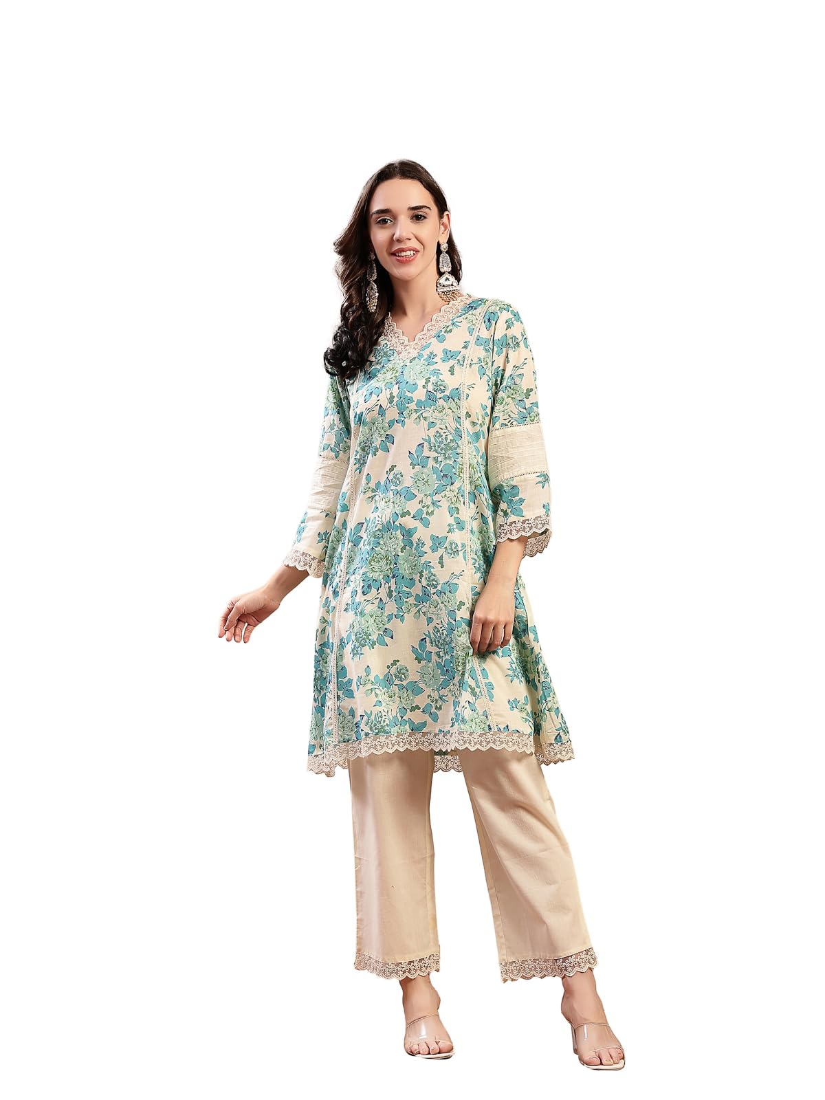 Stylum Womens Sky Blue Floral Printed Cotton Kurti Pant Set