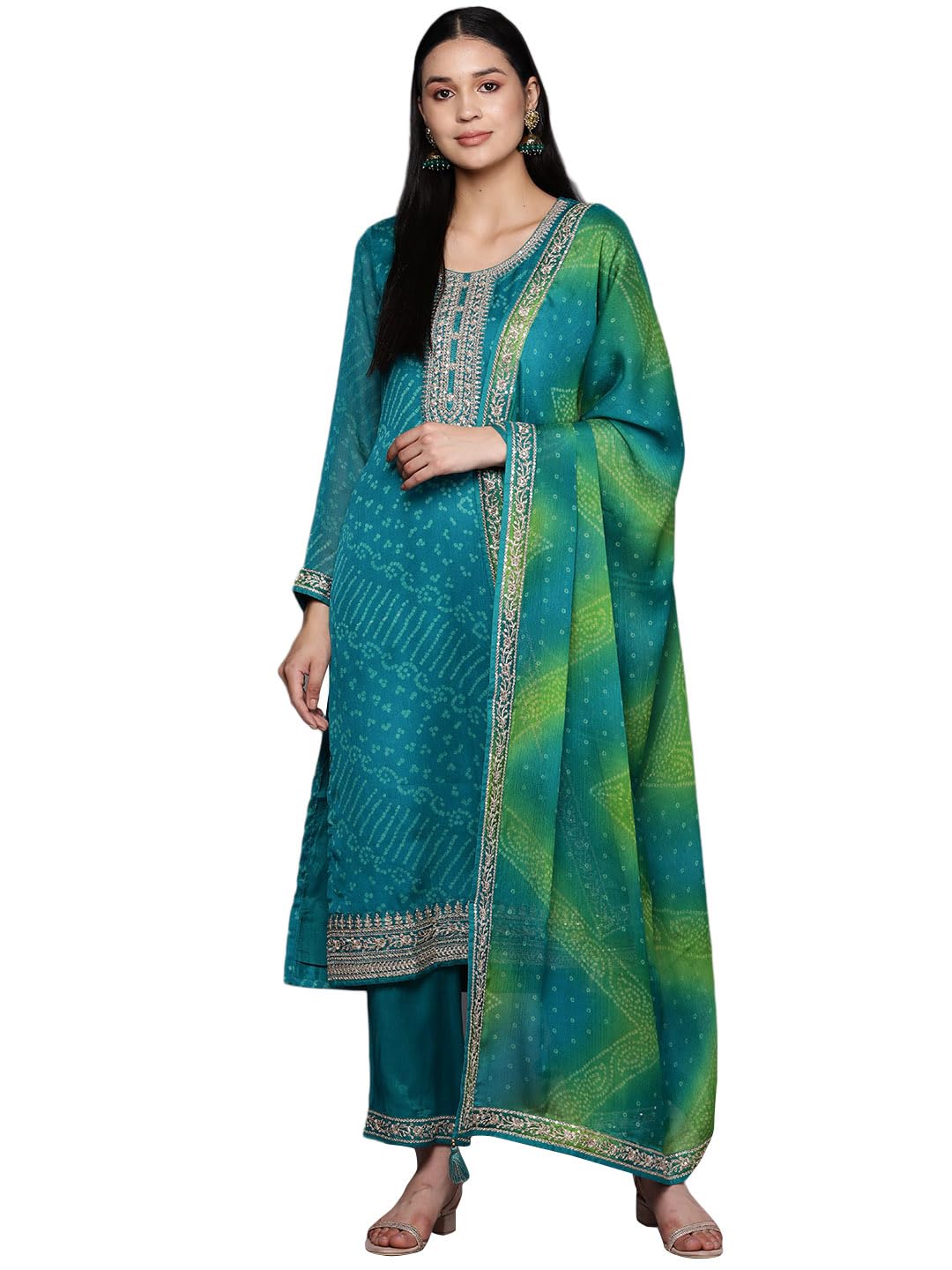 Libas Womens Poly Chiffon Kurta Sets (38126O_Turquoise Blue