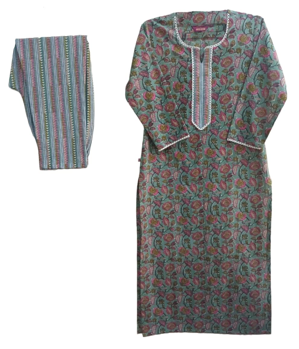 ANNI DESIGNER Women's Cotton Blend Printed Straight Kurta with Pant (Dawai Green-Nw)