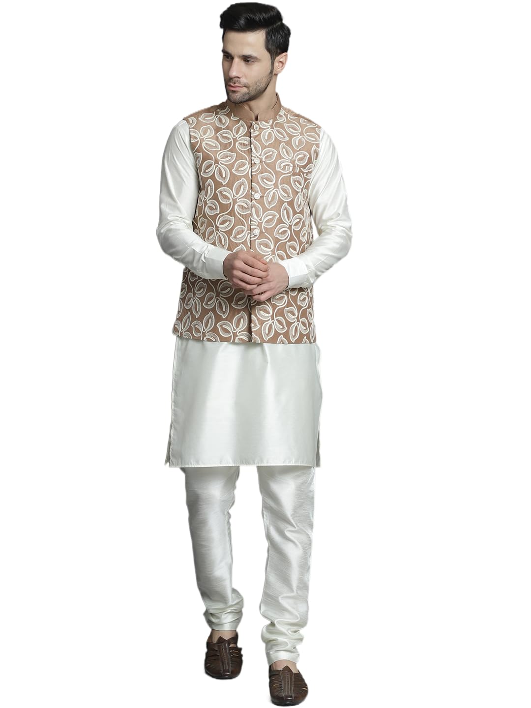 Jompers Mens Embroidered Nehru Jacket With Solid Kurta Pyjama Set