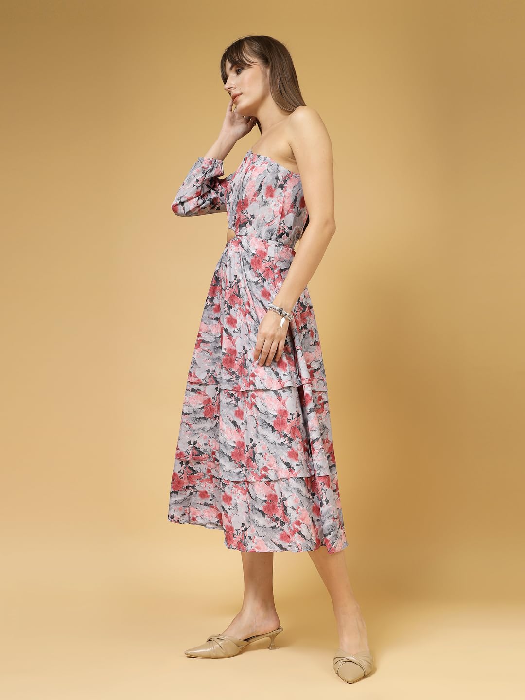 Oomph! WomenS Crepe A-Line Midi Dress (Waist Cutout One Shoulder_Rouge Pink