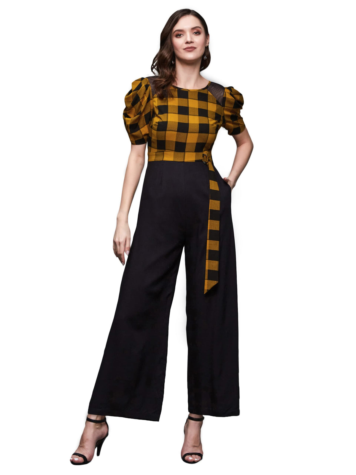 Miss Chase WomenS Black & Mustard Round Neck Cowl Sleeve Checkered Wide-Leg Viscose-Rayon Regular Length Jumpsuit (Mcss23D15-71