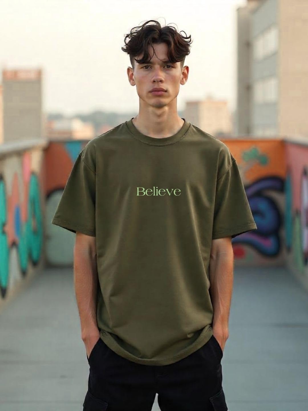 Nobero Men Cotton Graphic Print Oversized Fit T-Shirt (1M-Twrt-C0910-Og_Olive Green
