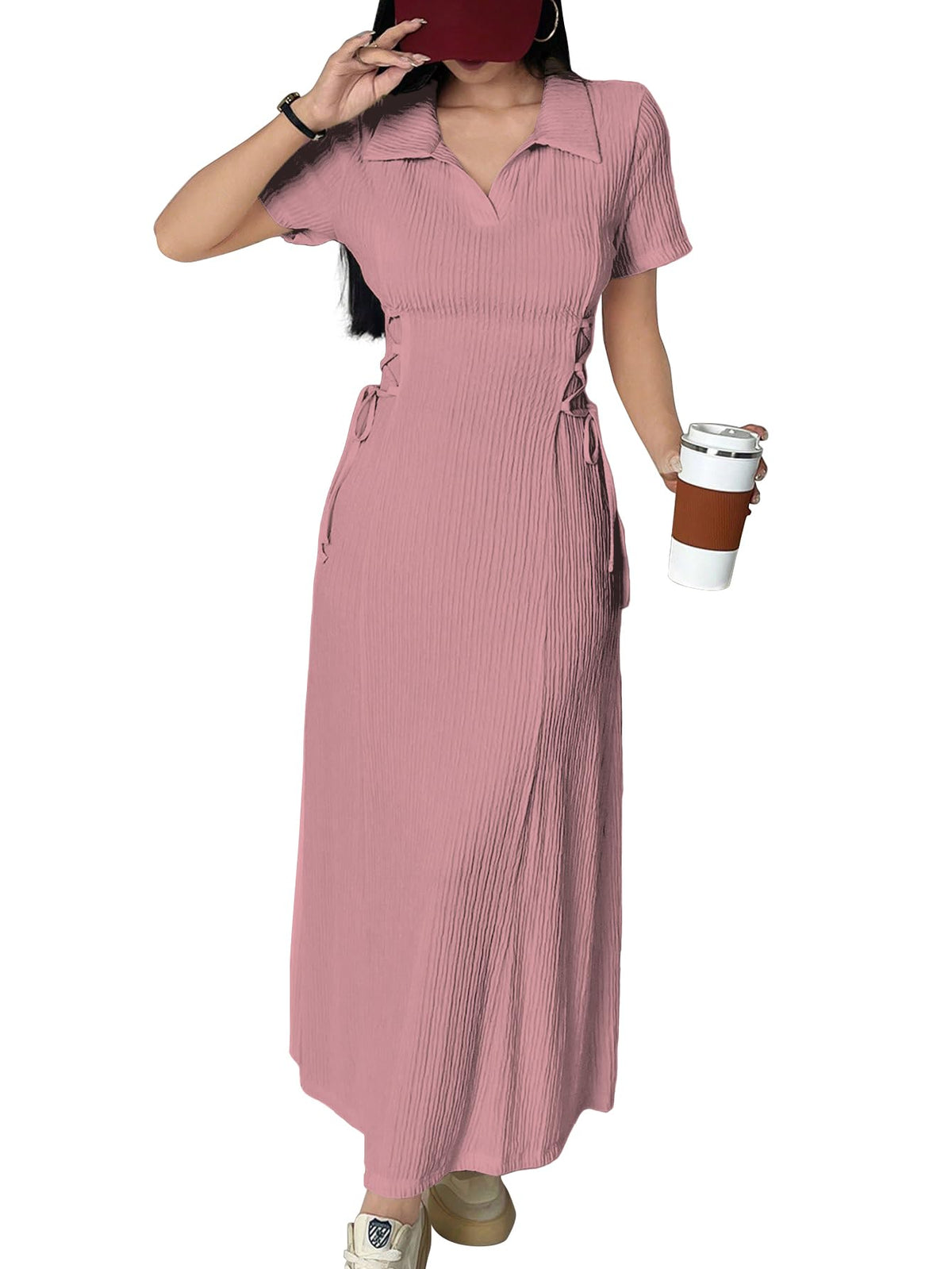 Shasmi Womens Pink Solid Color Applique Lace-Up Collared Short Sleeve, Side-Tie Waist Long Casual Maxi Women Dress Outfit Long E