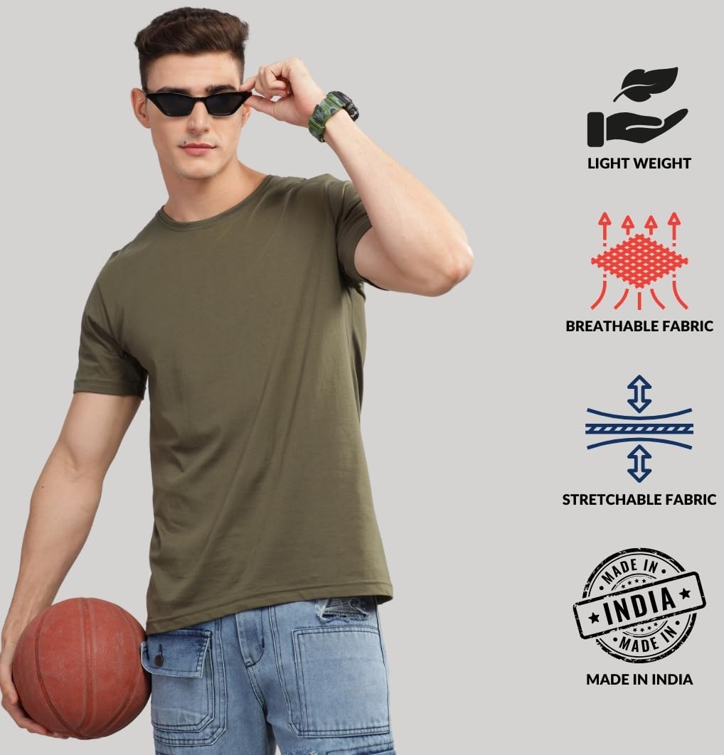 ADRO Men's Solid Regular Fit T-Shirt (RCM3-PLN-OL-WH-GR_Olive,White,Grey