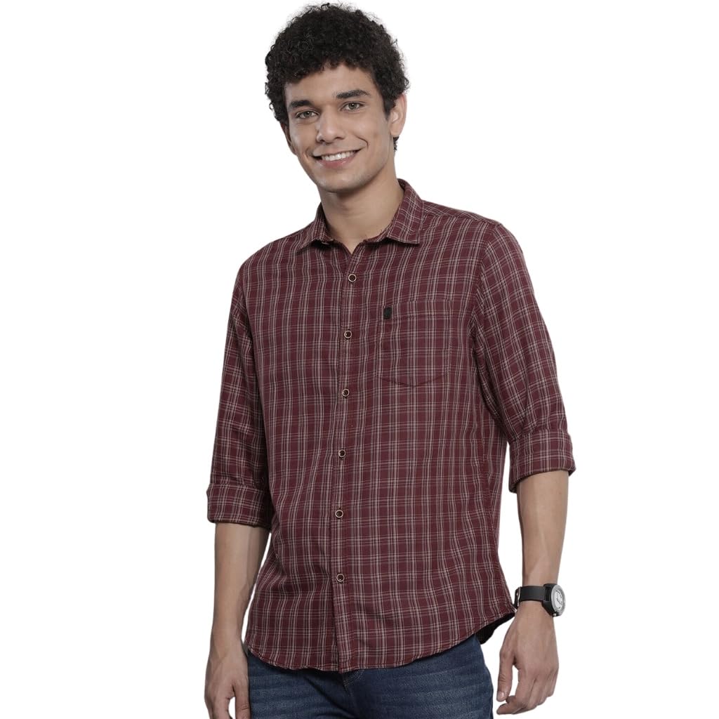 The Indian Garage Co Men Burgundy Checkered Slim Fit Cotton Casual Shirt