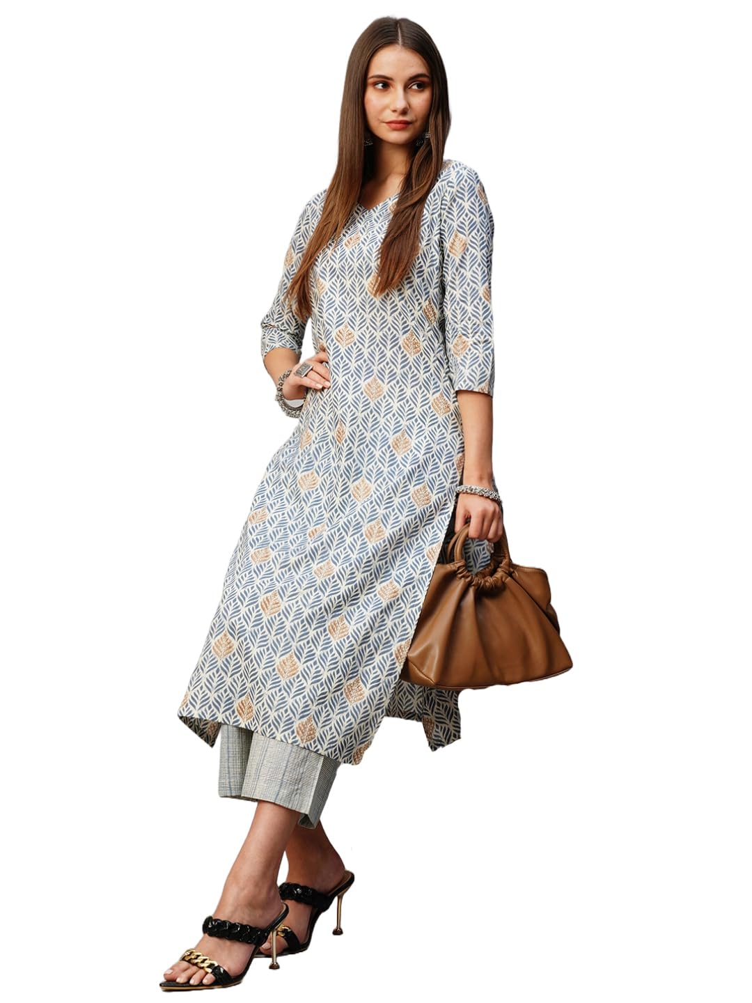 ANNI DESIGNER Ladies Cotton Blend Kurta with Trousers, Light Brown::Blue, M
