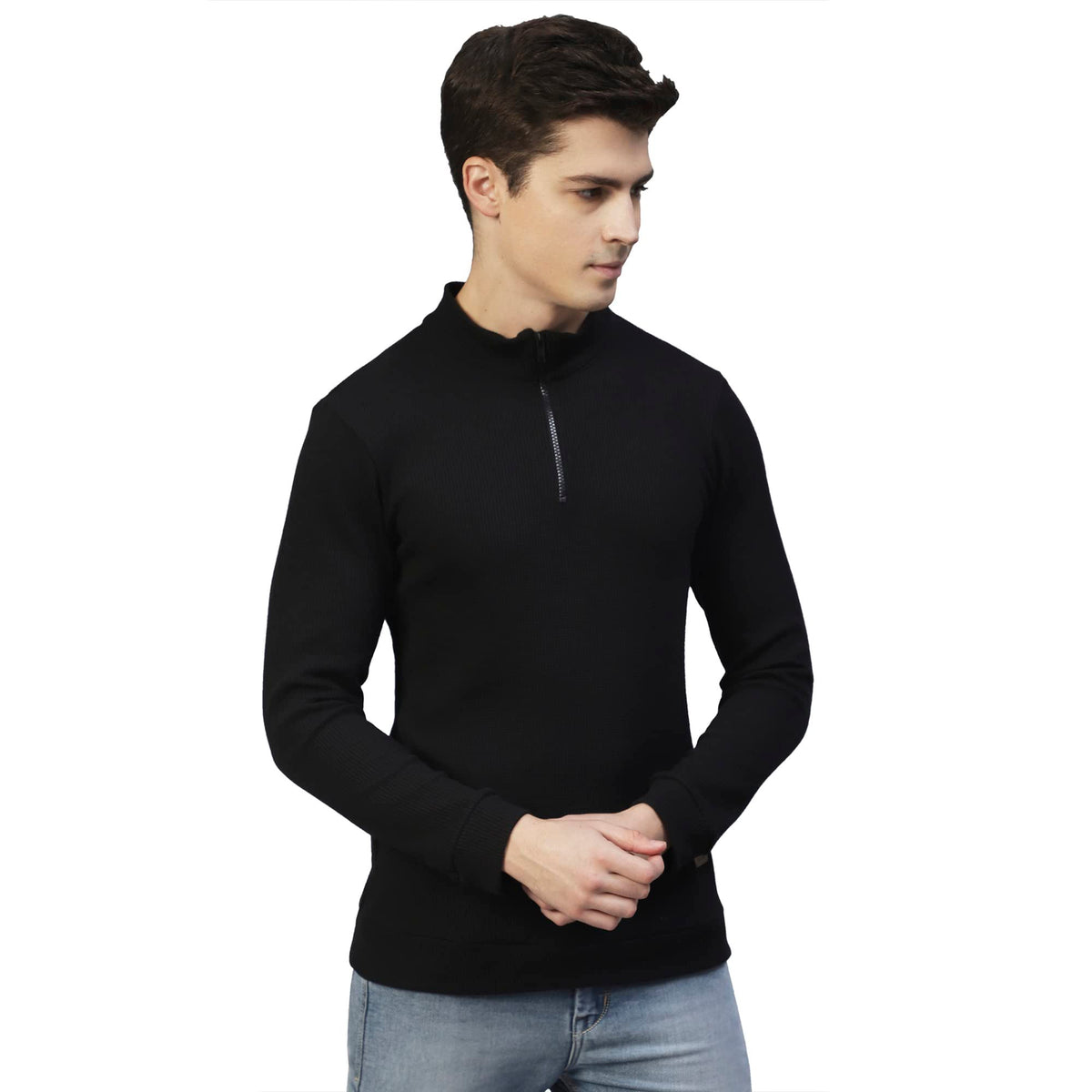Rigo Men Black Henley Neck Full Sleeves Waffle Knit T-Shirt