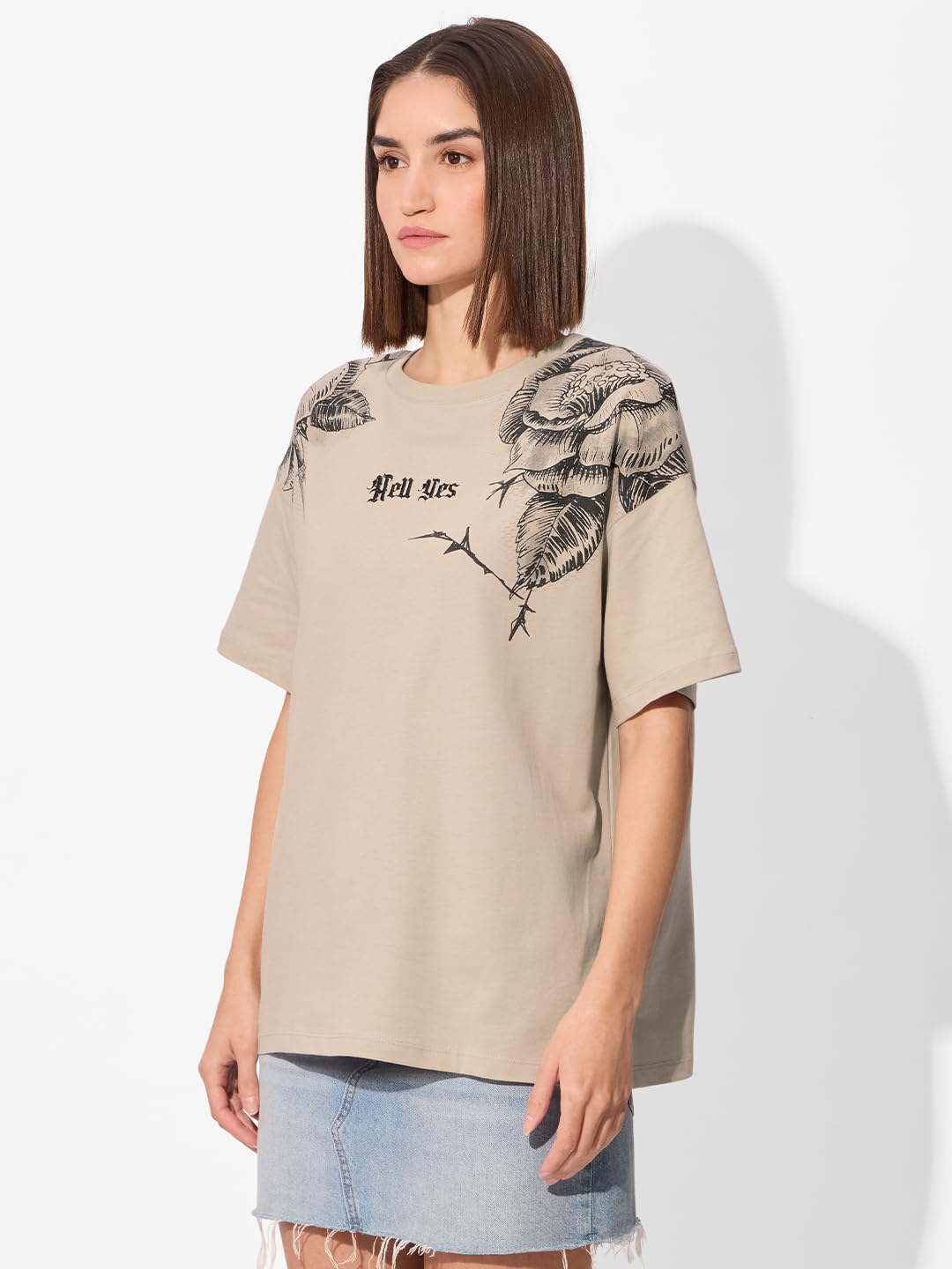 The Souled Store Hell Yes Women and Girls Short Sleeve Round Cotton Oversized T-Shirts Beige