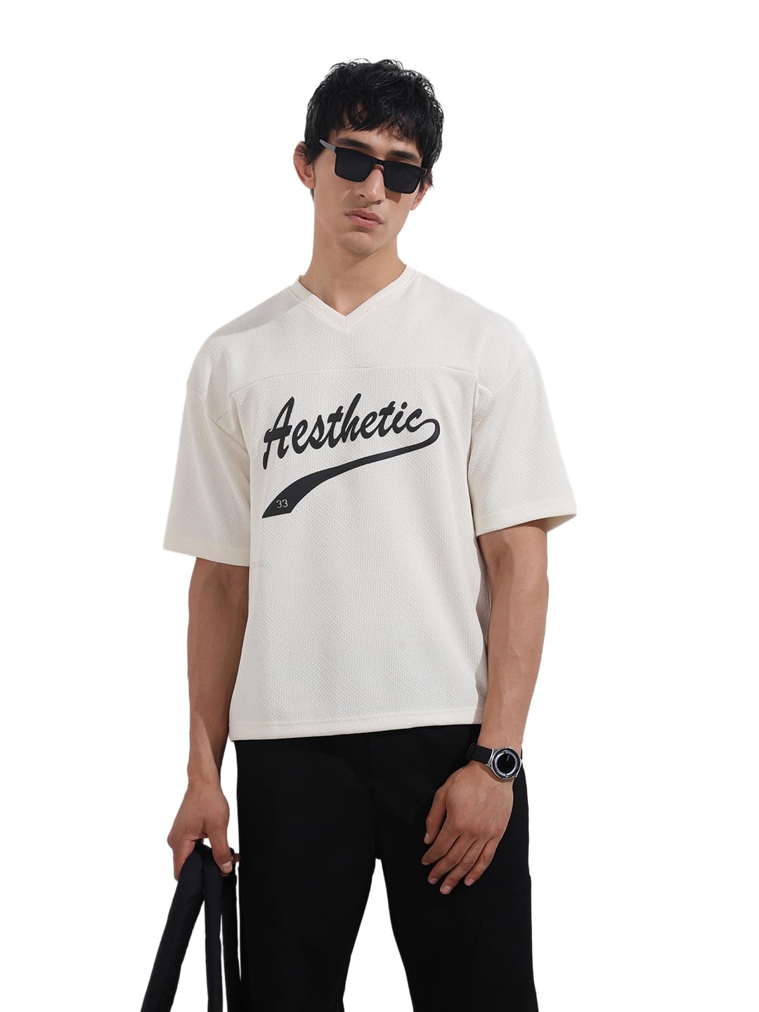 The Indian Garage Co Mens Boxy Half Sleeves Textured V Neck T-Shirt