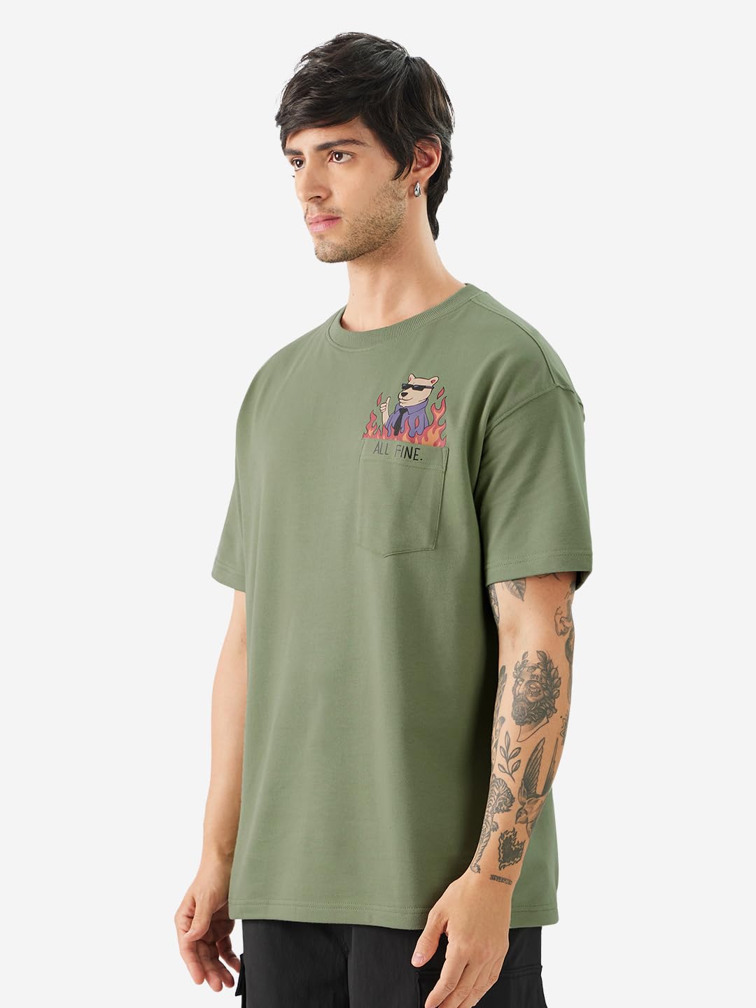The Souled Store Ted The Stoner: All Fine Men and Boys Short Sleeves Round Neck Green Graphic Printed Cotton Oversized T-Shirts