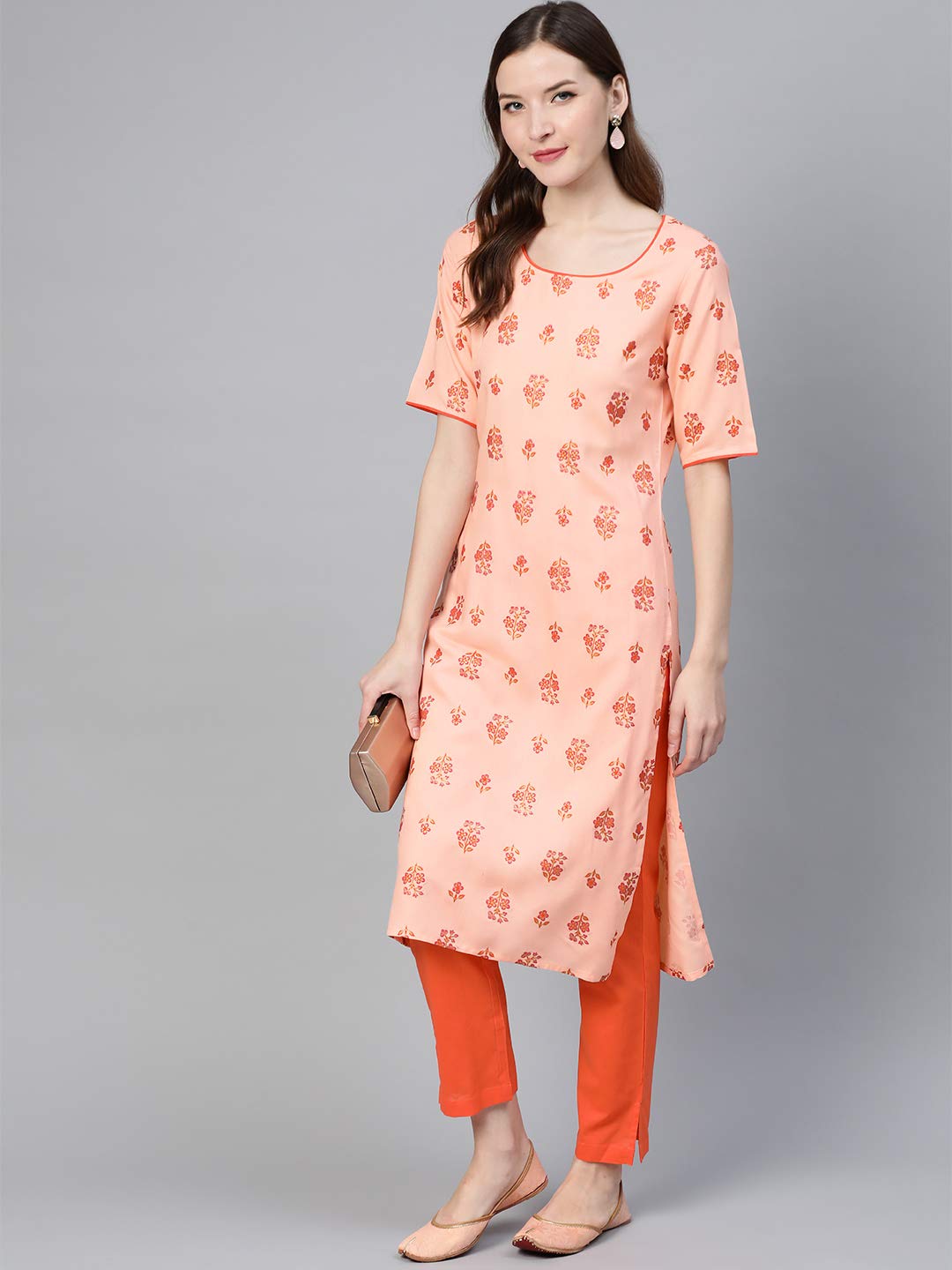 Idalia WomenS Orange Rayon Kurta Set With A Pair Of Pants (Orange, Xl)