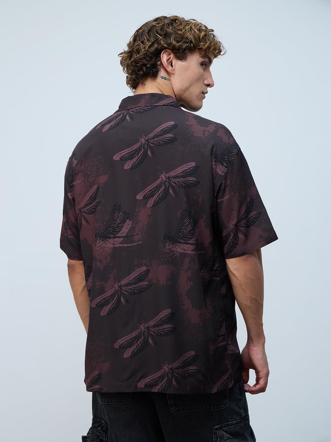 The Souled Store Oversized Shirt: Dragonfly Men and Boys Short Sleeves Cuban Collar Printed Viscose Relaxed Fit Casual Shirts |D