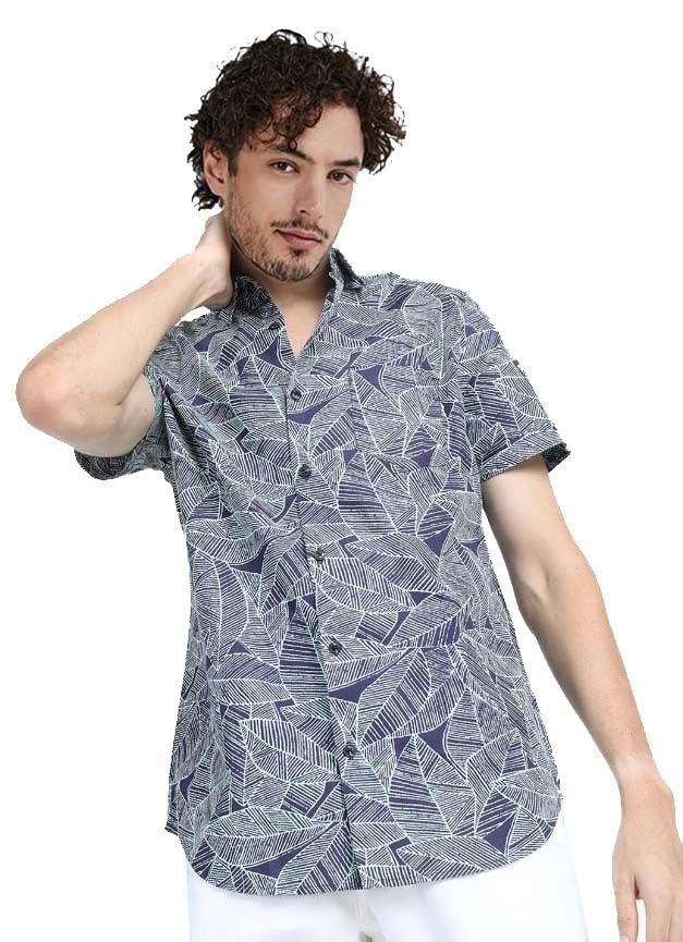 LookMark Mens Cotton Blend Navy Color Stitched Printed Half Sleeve Shirt(Shirt 59-M)
