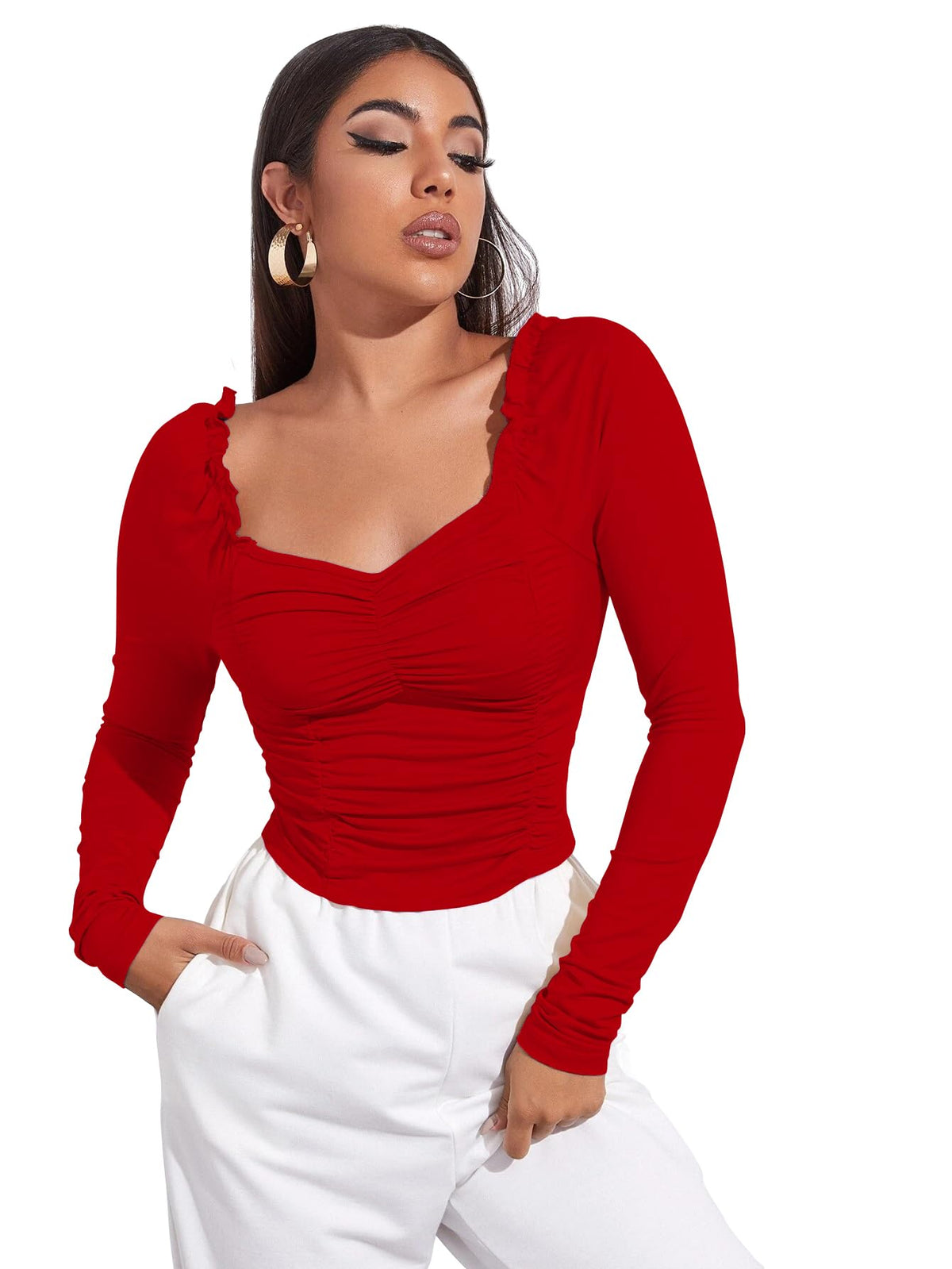 AVANOVA Womens & Girls Red Full Sleeve, Sweat Hear Neck, Frill Trim Ruched Crop Top for Women, Tops, T-Shirts for Girls (TOP 7