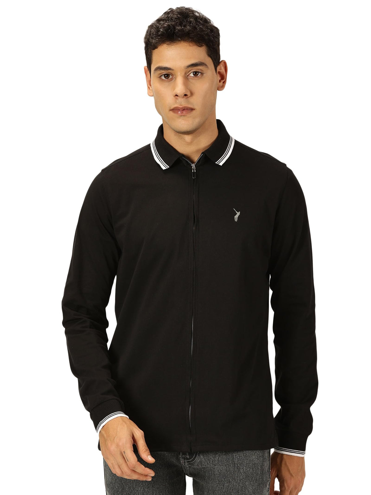 Thomas Scott Full Sleeve Spread Collar Solid Color Jacket with Ribbed On Sleeve for Men Black
