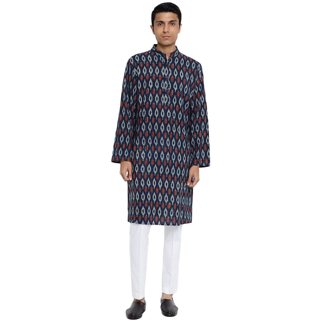 Fabindia Men Cotton Printed Long Kurta Blue_XS