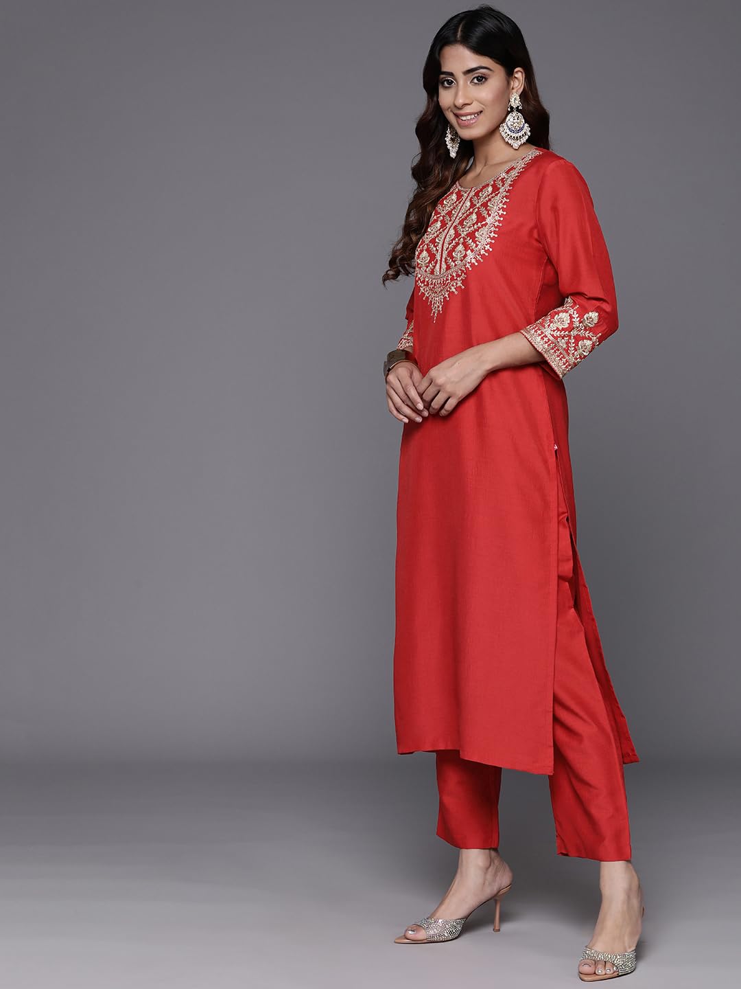 Varanga Women Red Zari Embroidered Kurta with Bottom and Dupatta
