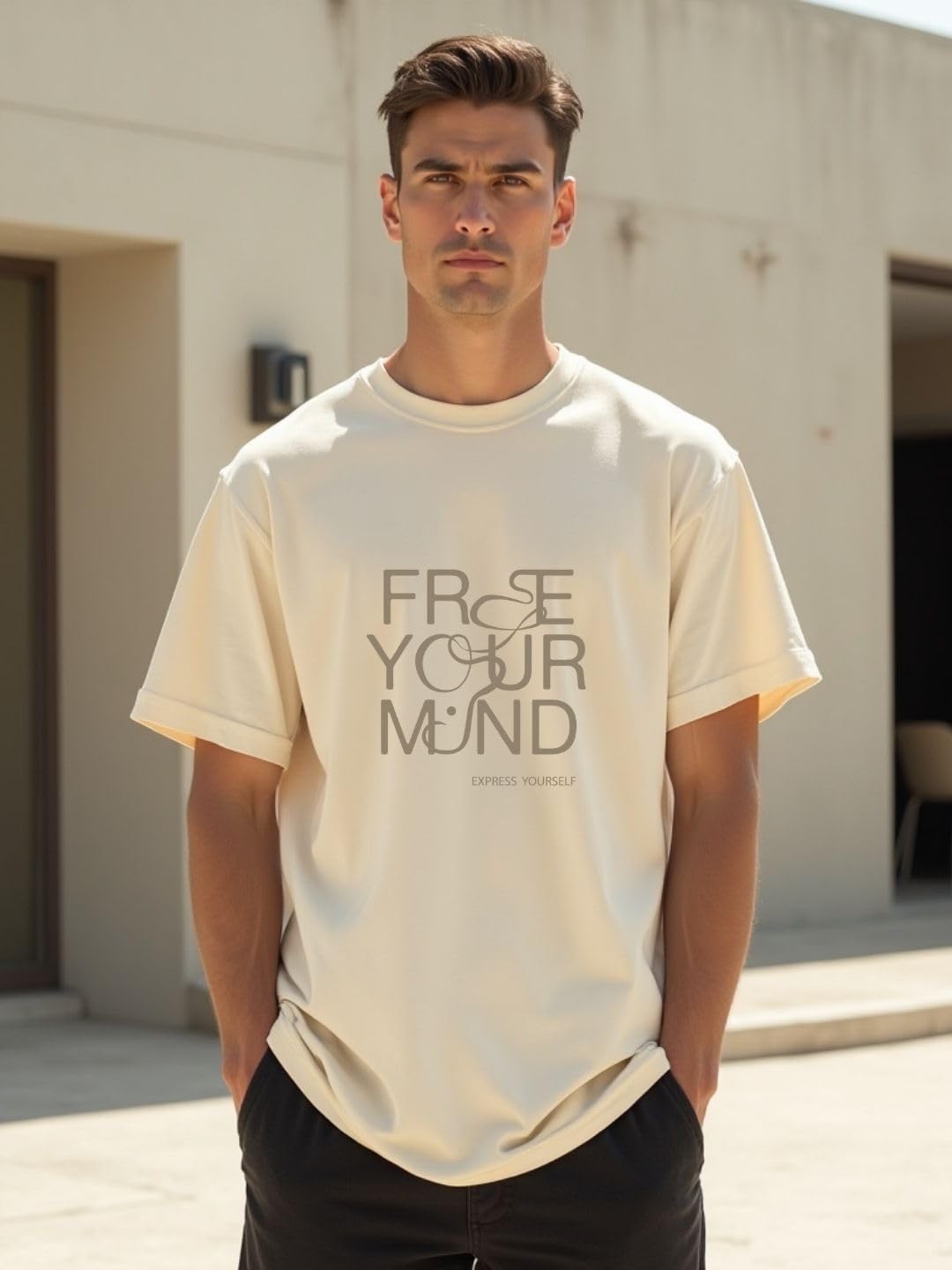 Nobero Men Cotton Printed Oversized Fit T-Shirt (1M-Twrt-C0910-Og_Sand_1