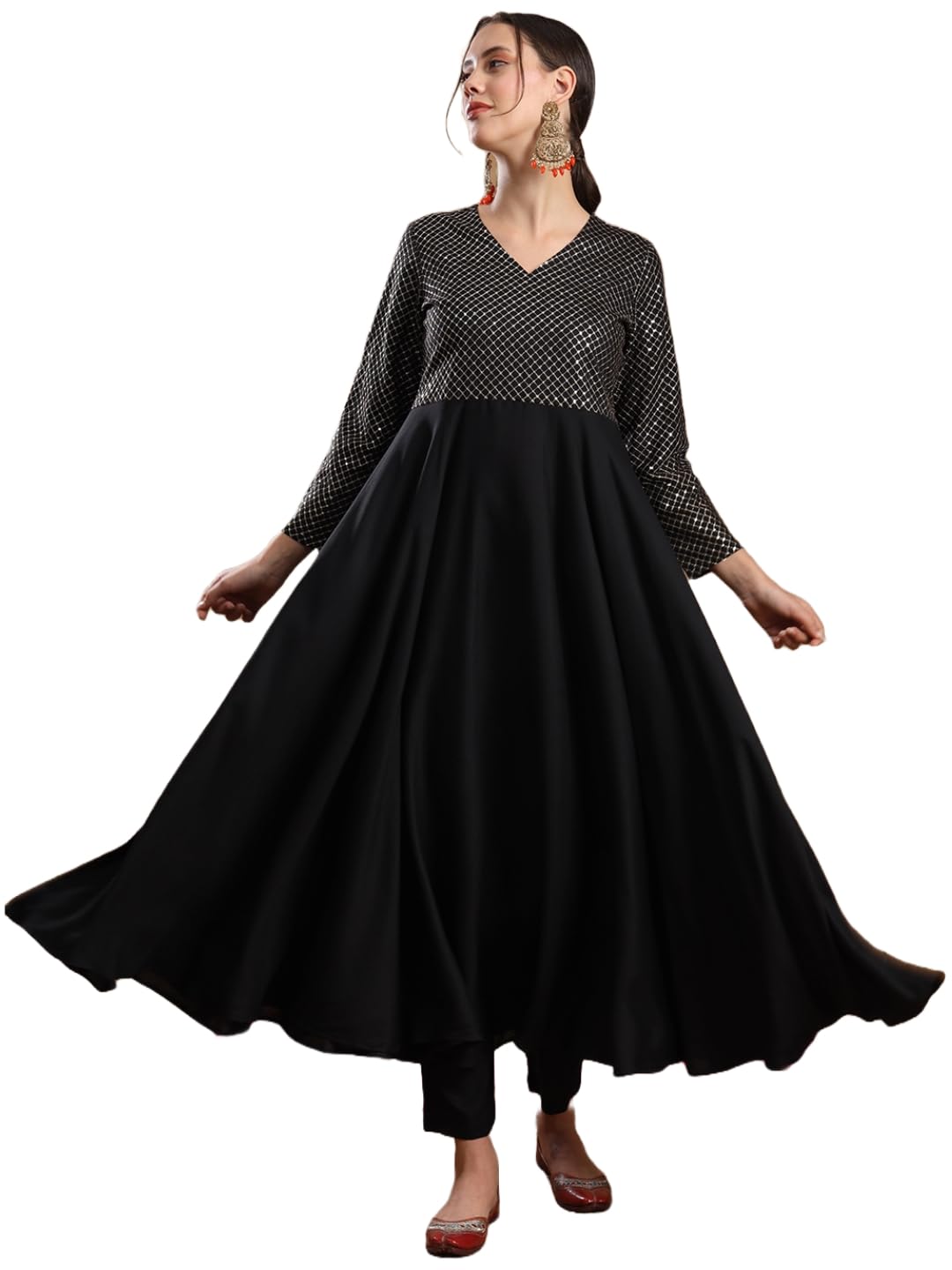 Anni Designer WomenS Viscose Rayon Mukaish Work Anarkali Kurta With Pant & Dupatta (Park Black_Xl_Black_X-Large)