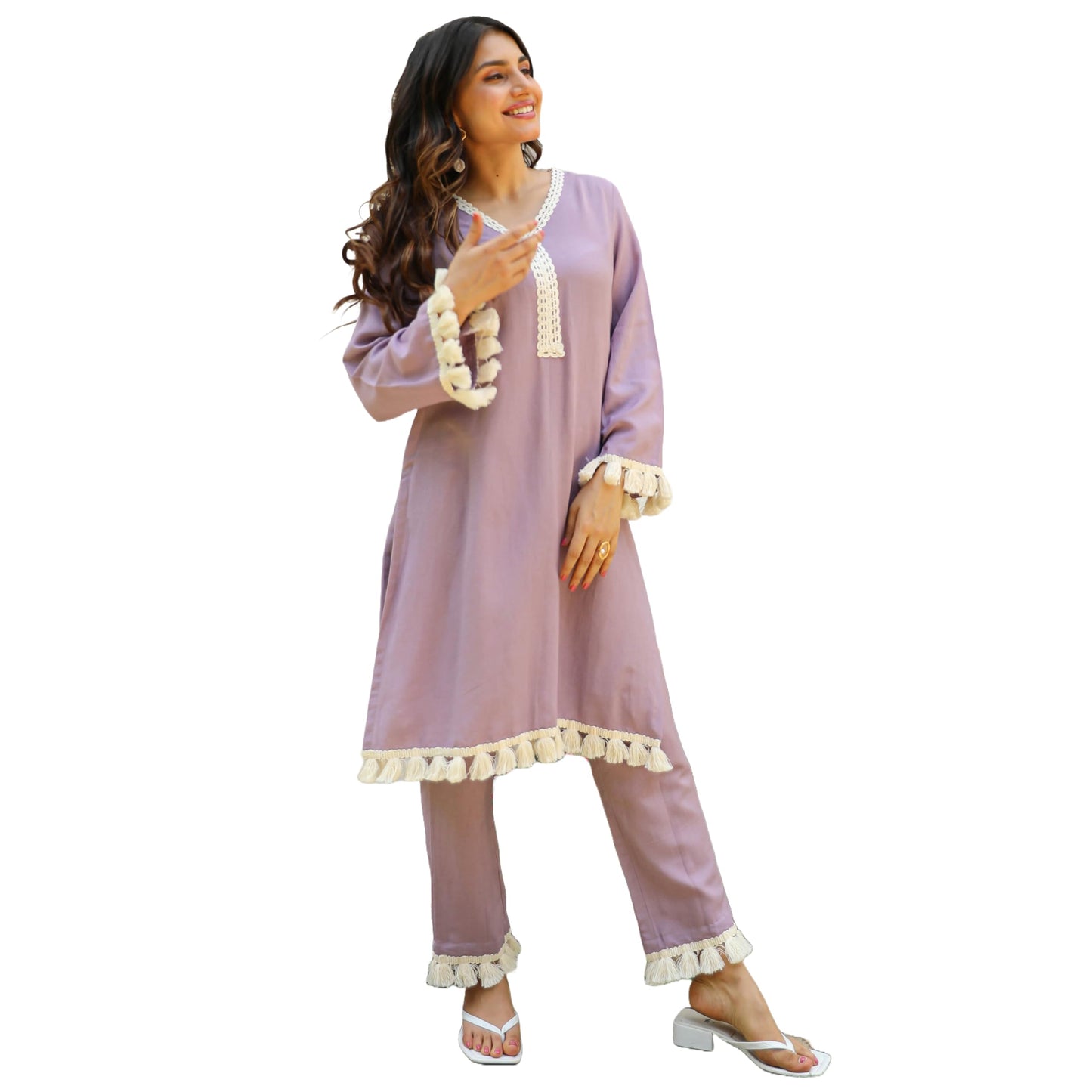 ANNI DESIGNER Womens Rayon Viscose Straight Yoke Design Lace Kurta with Pant (Khedaram Purple_XXL_Purple_XX-Large)