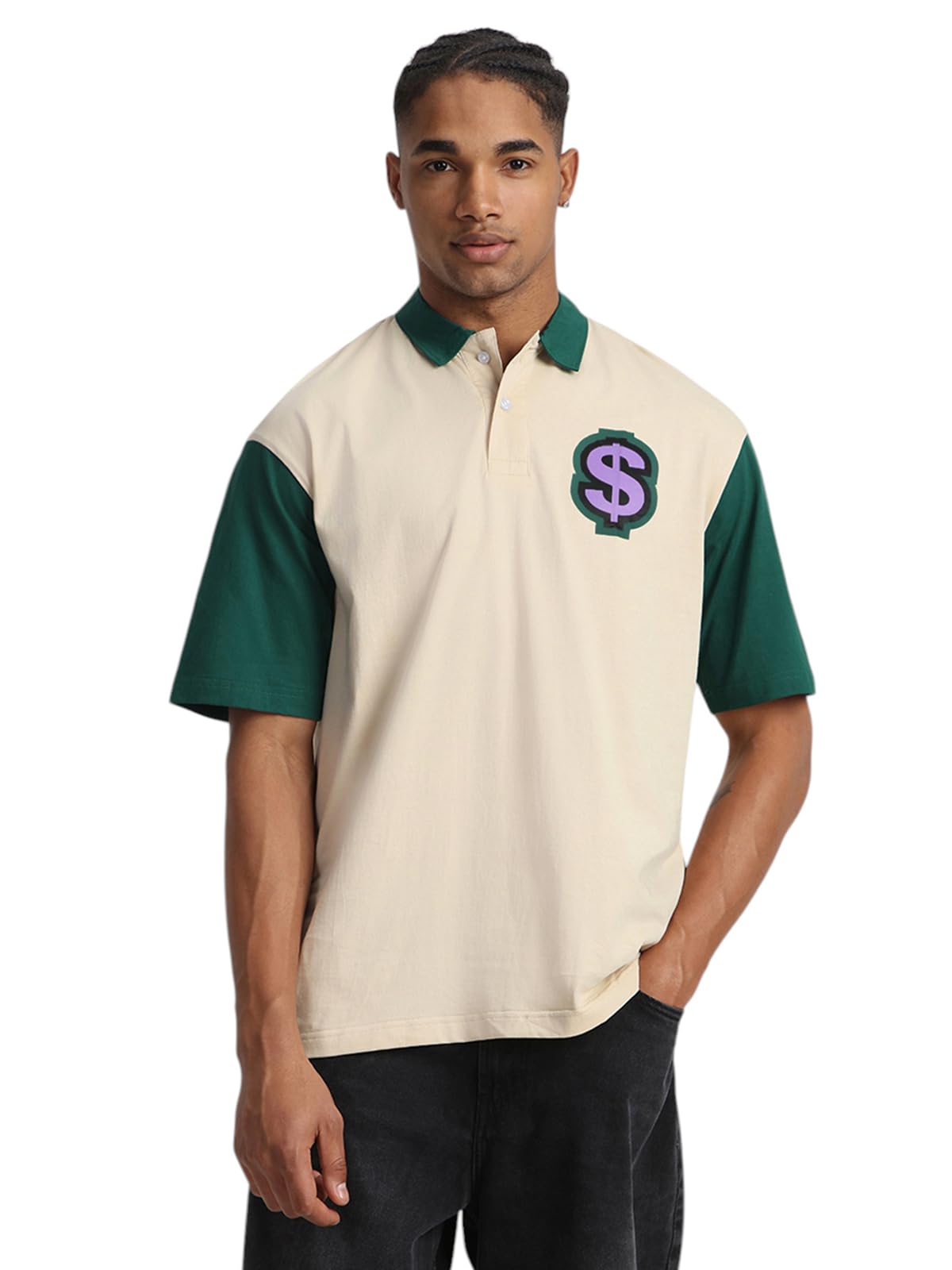 Veirdo Mens Oversized Baggy Fit Drop Shoulder Short Sleeve Graphic Printed Polo Neck T-Shirt